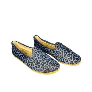 Sabah Handmade Leopard Print Flats Shoes Women Size 42 (US 10-10.5) Blue Brown